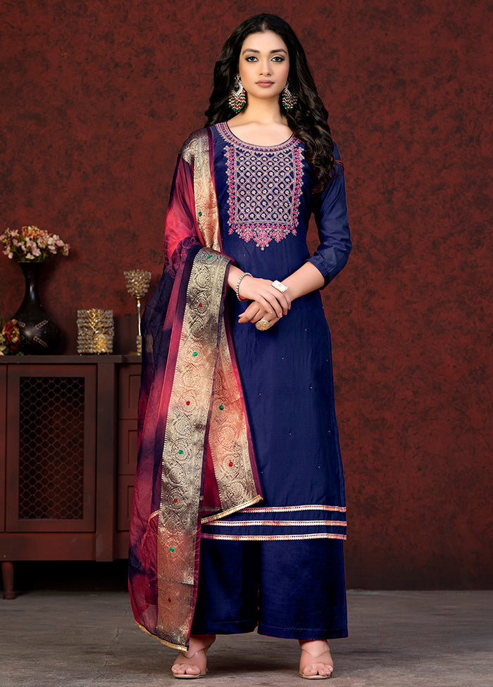 3 Pc Blue Semi Stitched Chanderi Suit Set - Indian Silk House Agencies