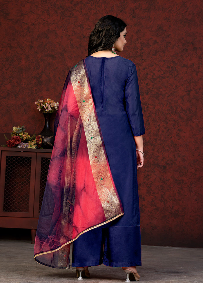 3 Pc Blue Semi Stitched Chanderi Suit Set - Indian Silk House Agencies