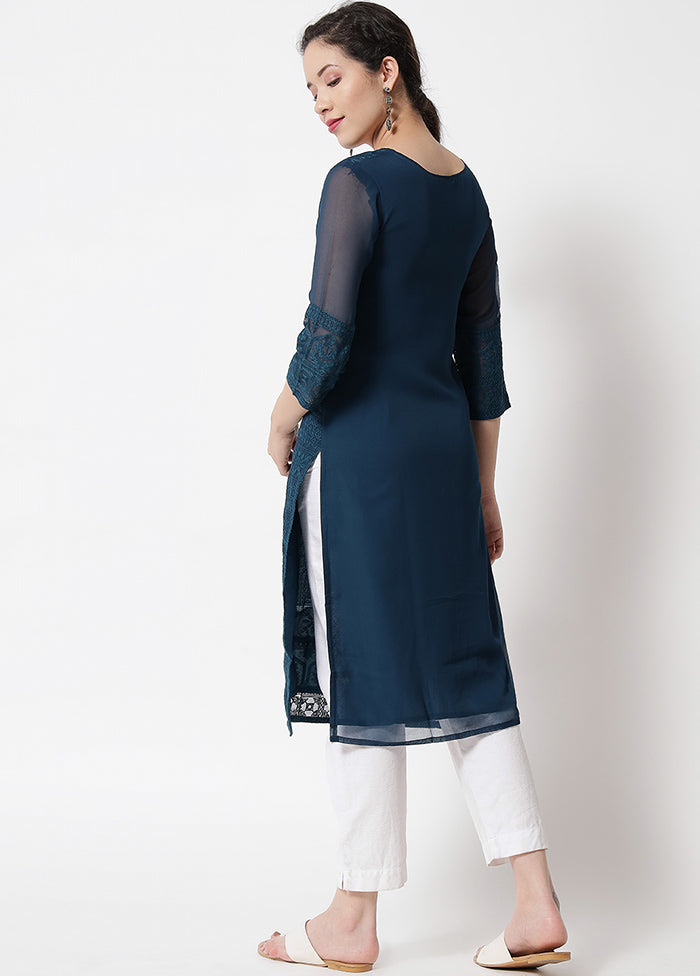 Teal Blue Readymade Georgette Chikankari Kurti - Indian Silk House Agencies