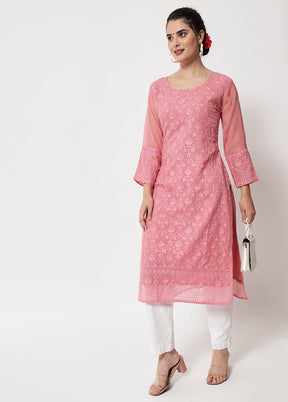 Pink Readymade Georgette Chikankari Kurti - Indian Silk House Agencies