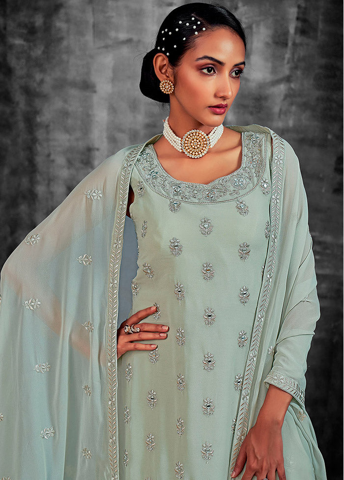 3 Pc Pista Green Readymade Georgette Suit Set - Indian Silk House Agencies