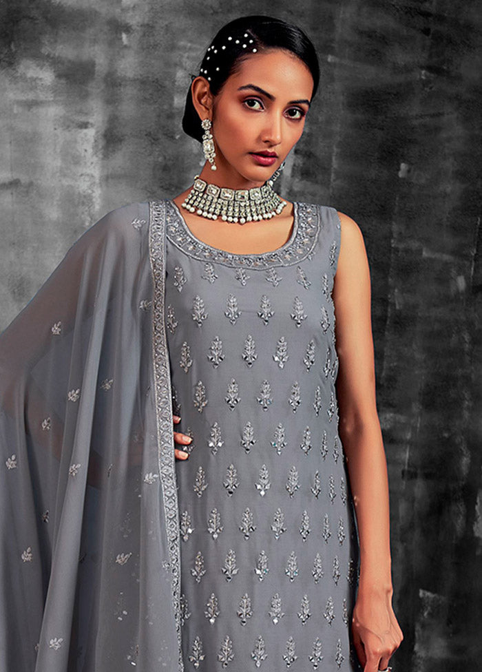 3 Pc Grey Readymade Georgette Suit Set - Indian Silk House Agencies