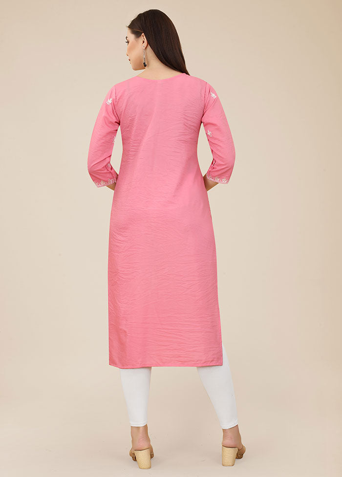 Pink Readymade Silk Chikankari Kurti - Indian Silk House Agencies