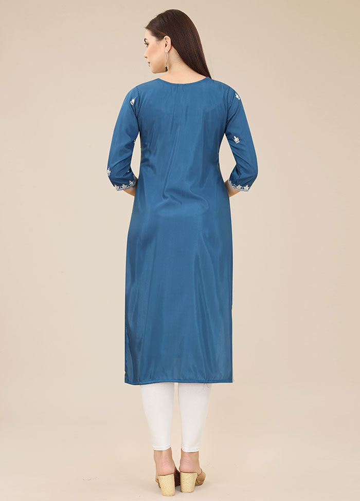 Blue Readymade Silk Chikankari Kurti - Indian Silk House Agencies