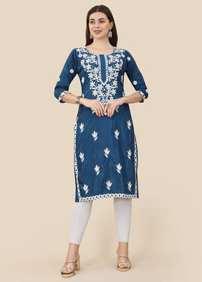 Blue Readymade Silk Chikankari Kurti - Indian Silk House Agencies