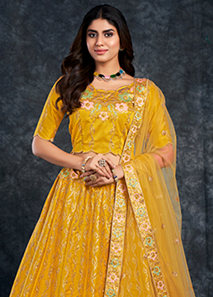 3 Pc Yellow Silk Semi Stitched Lehenga Set - Indian Silk House Agencies