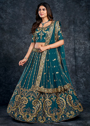 3 Pc Blue Silk Semi Stitched Lehenga Set - Indian Silk House Agencies