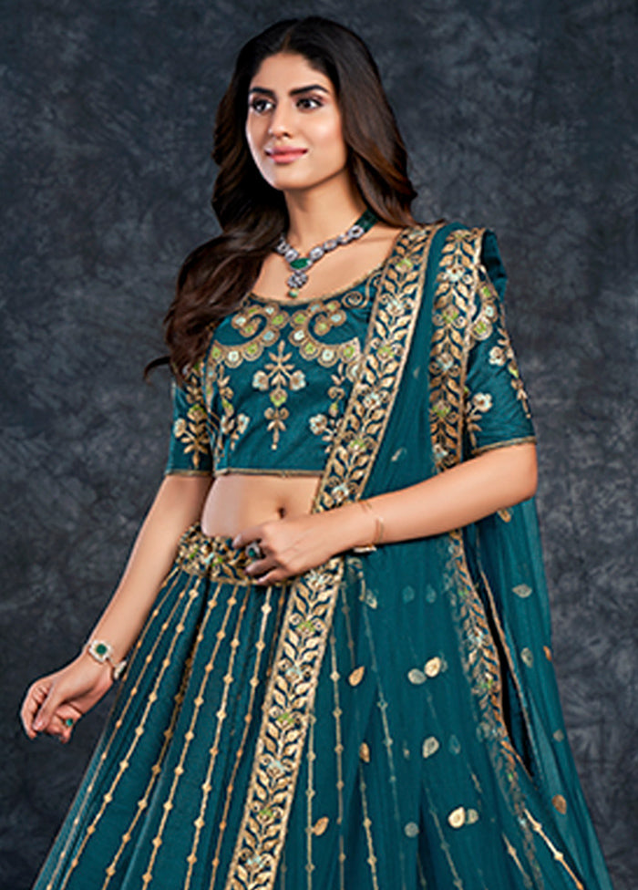 3 Pc Blue Silk Semi Stitched Lehenga Set - Indian Silk House Agencies