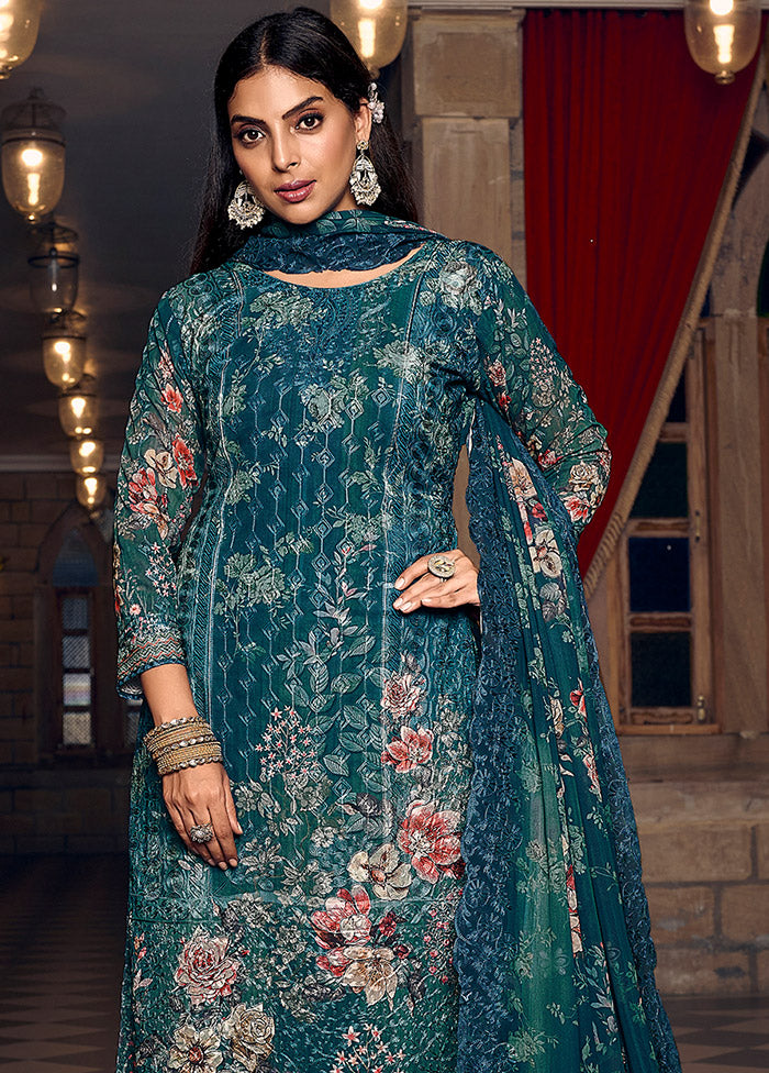 3 Pc Blue Semi Stitched Georgette Suit Set - Indian Silk House Agencies