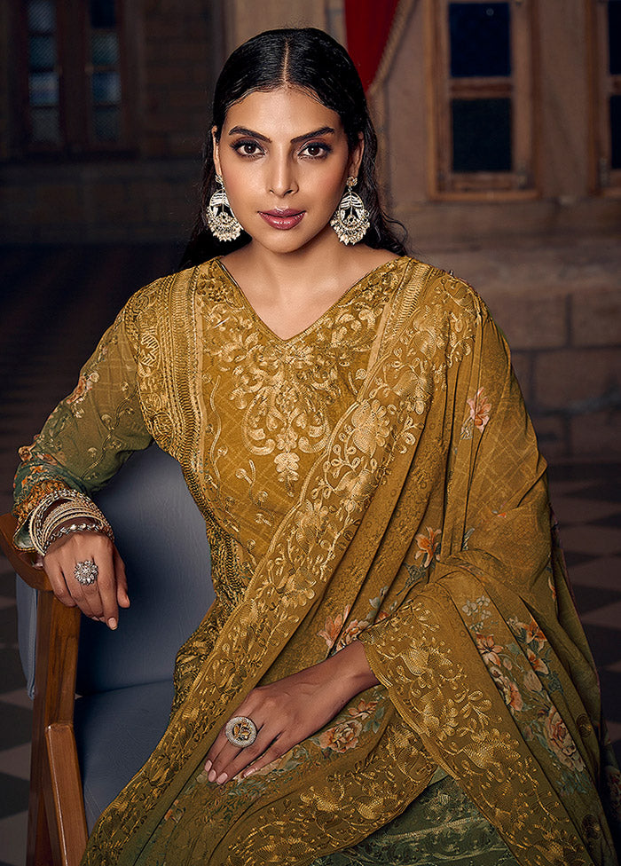 3 Pc Mustard Semi Stitched Georgette Suit Set - Indian Silk House Agencies