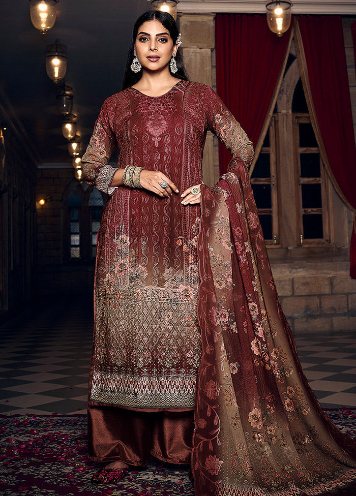 3 Pc Maroon Semi Stitched Georgette Suit Set - Indian Silk House Agencies