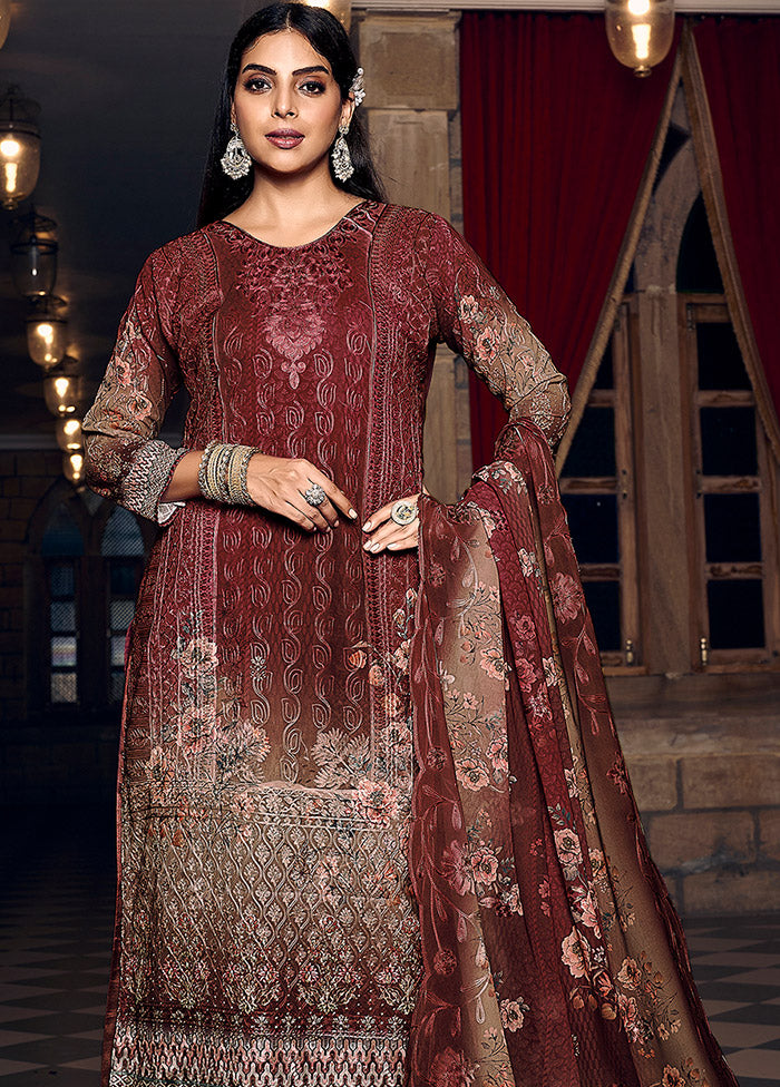 3 Pc Maroon Semi Stitched Georgette Suit Set - Indian Silk House Agencies