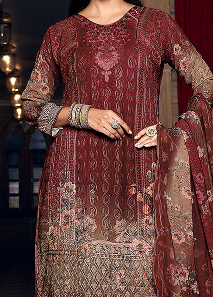 3 Pc Maroon Semi Stitched Georgette Suit Set - Indian Silk House Agencies