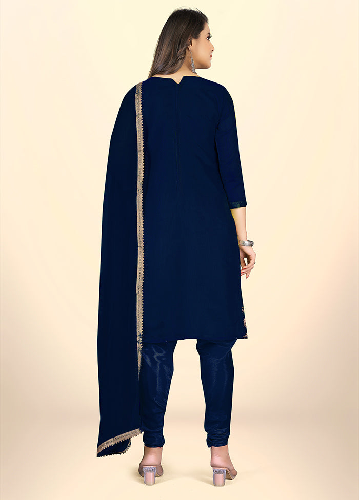 3 Pc Navy Blue Semi Stitched Chanderi Suit Set - Indian Silk House Agencies