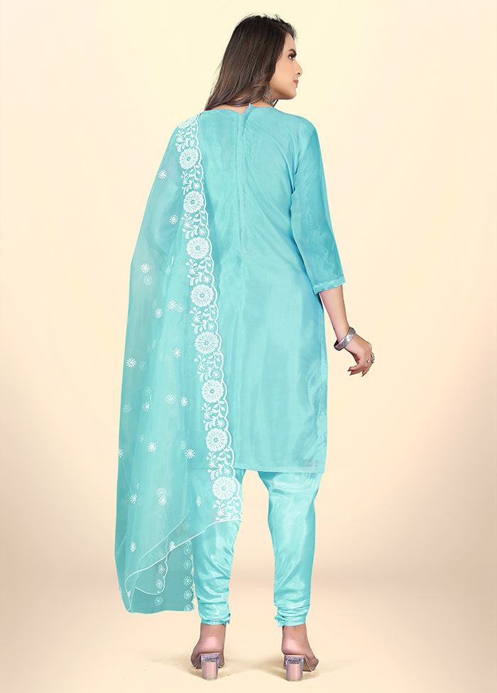 3 Pc Blue Semi Stitched Net Suit Set - Indian Silk House Agencies