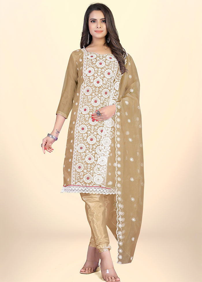 3 Pc Beige Semi Stitched Net Suit Set - Indian Silk House Agencies