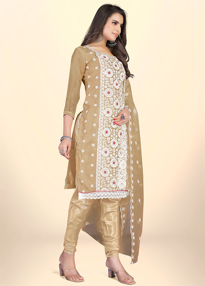 3 Pc Beige Semi Stitched Net Suit Set - Indian Silk House Agencies