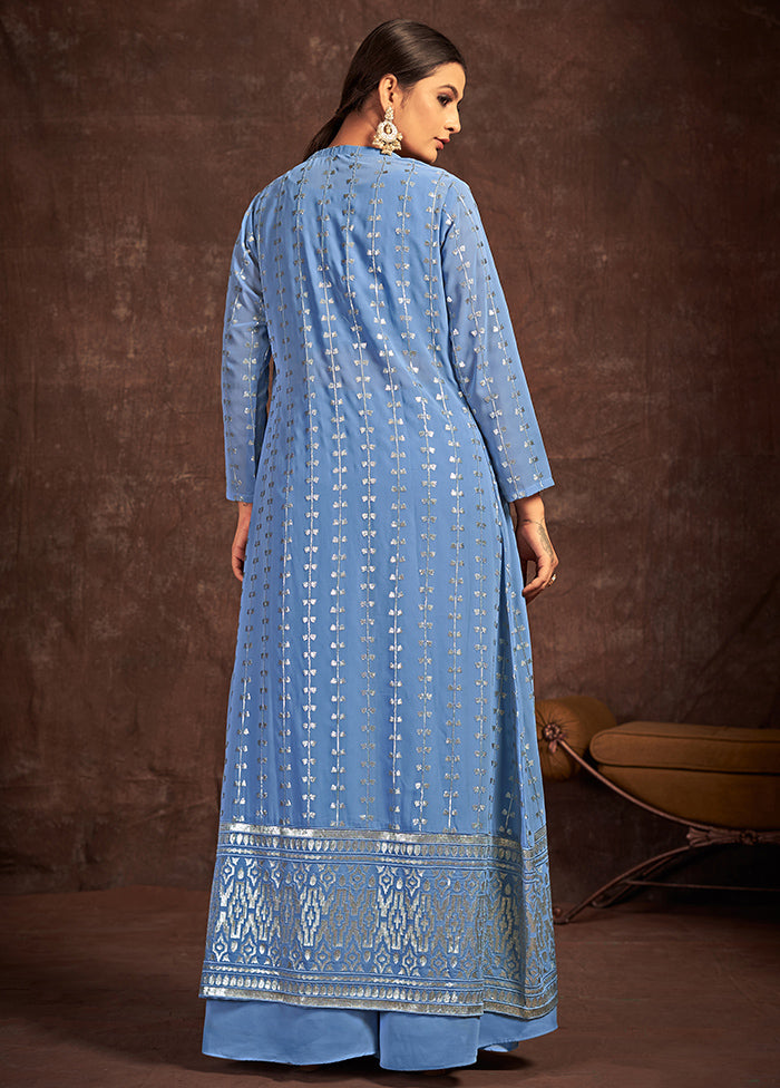 3 Pc Blue Readymade Georgette Suit Set - Indian Silk House Agencies