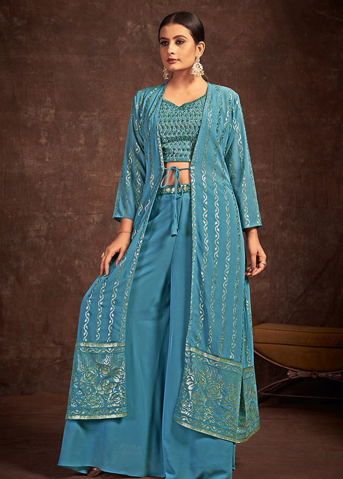3 Pc Teal Blue Readymade Georgette Suit Set - Indian Silk House Agencies