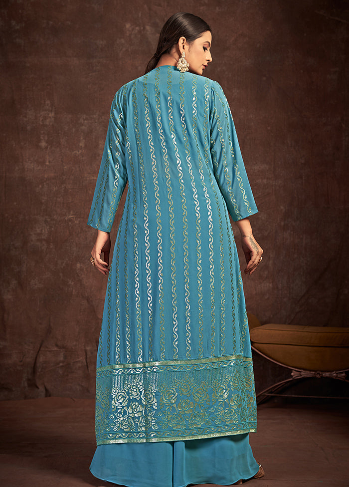 3 Pc Teal Blue Readymade Georgette Suit Set - Indian Silk House Agencies