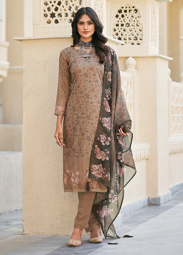 3 Pc Brown Semi Stitched Cotton Suit Set - Indian Silk House Agencies