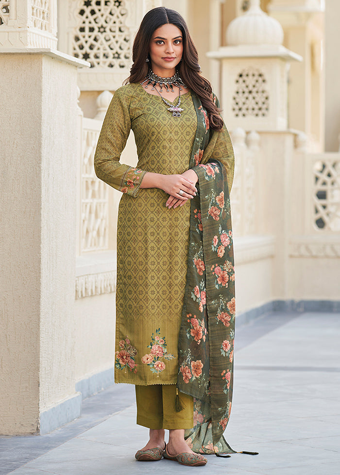3 Pc Green Semi Stitched Cotton Suit Set - Indian Silk House Agencies