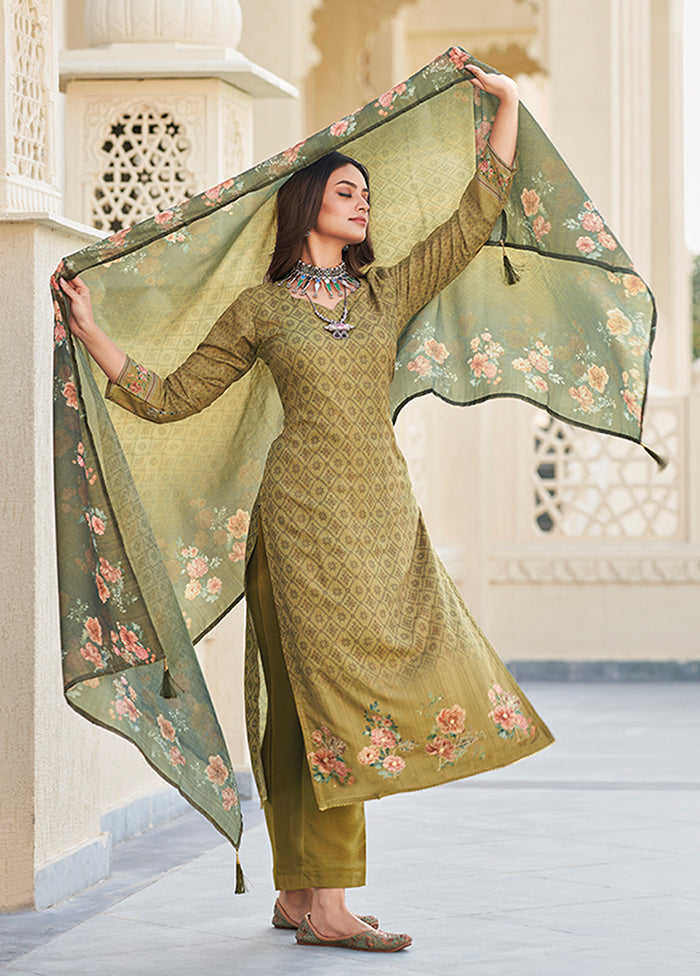 3 Pc Green Semi Stitched Cotton Suit Set - Indian Silk House Agencies