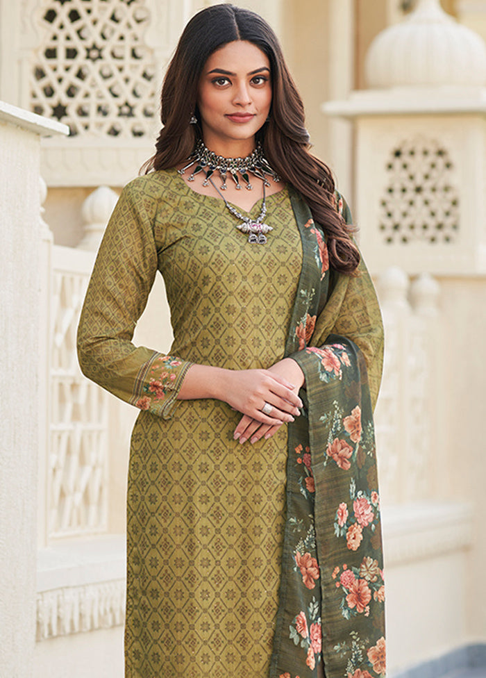 3 Pc Green Semi Stitched Cotton Suit Set - Indian Silk House Agencies