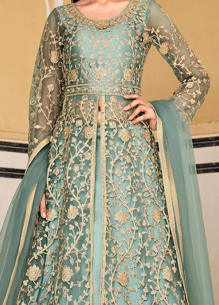 3 Pc Pista Green Semi Stitched Net Suit Set - Indian Silk House Agencies