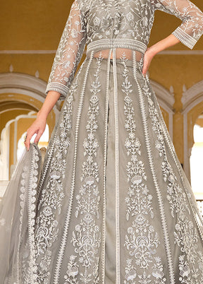 3 Pc Grey Semi Stitched Net Suit Set - Indian Silk House Agencies