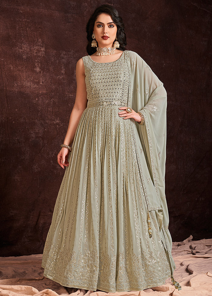 Pista Green Readymade Georgette Gown With Dupatta - Indian Silk House Agencies