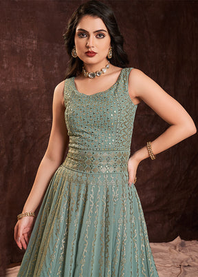 Olive Green Readymade Georgette Gown With Dupatta - Indian Silk House Agencies