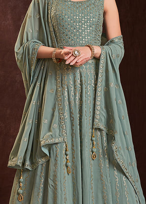 Olive Green Readymade Georgette Gown With Dupatta - Indian Silk House Agencies