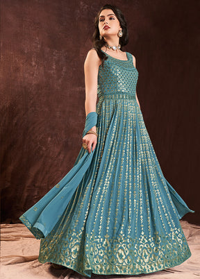 Blue Readymade Georgette Gown With Dupatta - Indian Silk House Agencies