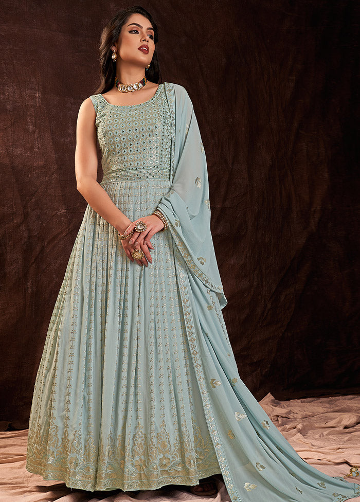 Light Blue Readymade Georgette Gown With Dupatta - Indian Silk House Agencies