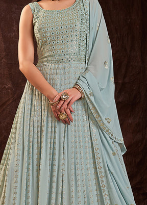 Light Blue Readymade Georgette Gown With Dupatta - Indian Silk House Agencies
