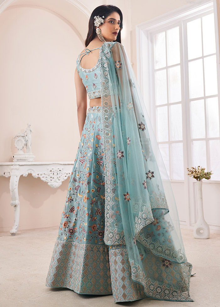 3 Pc Turquoise Semi Stitched Silk Lehenga Set - Indian Silk House Agencies