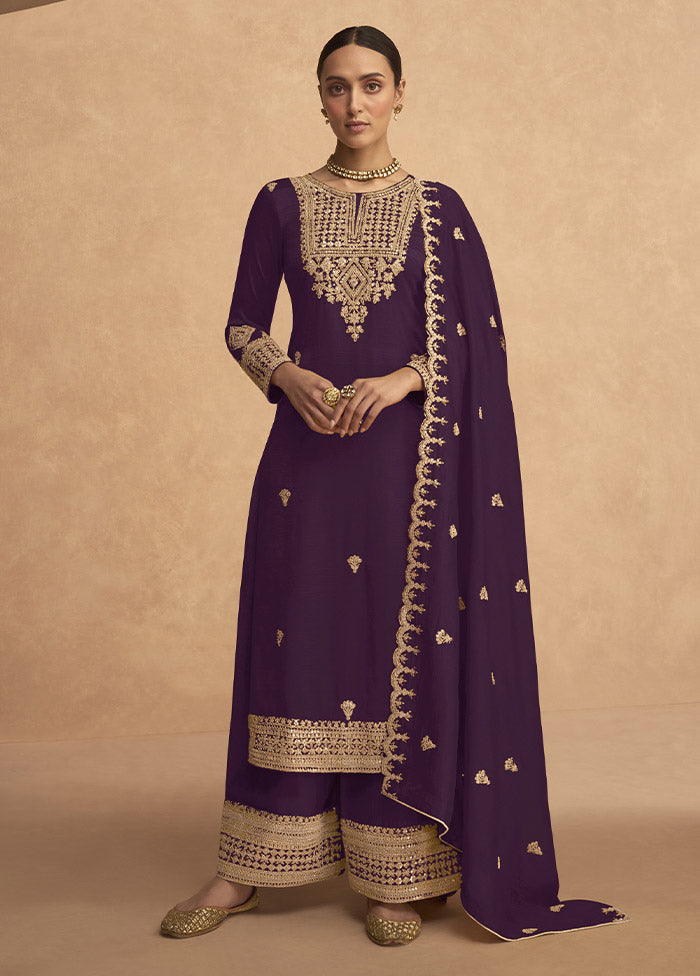 3 Pc Purple Semi Stitched Georgette Suit Set - Indian Silk House Agencies