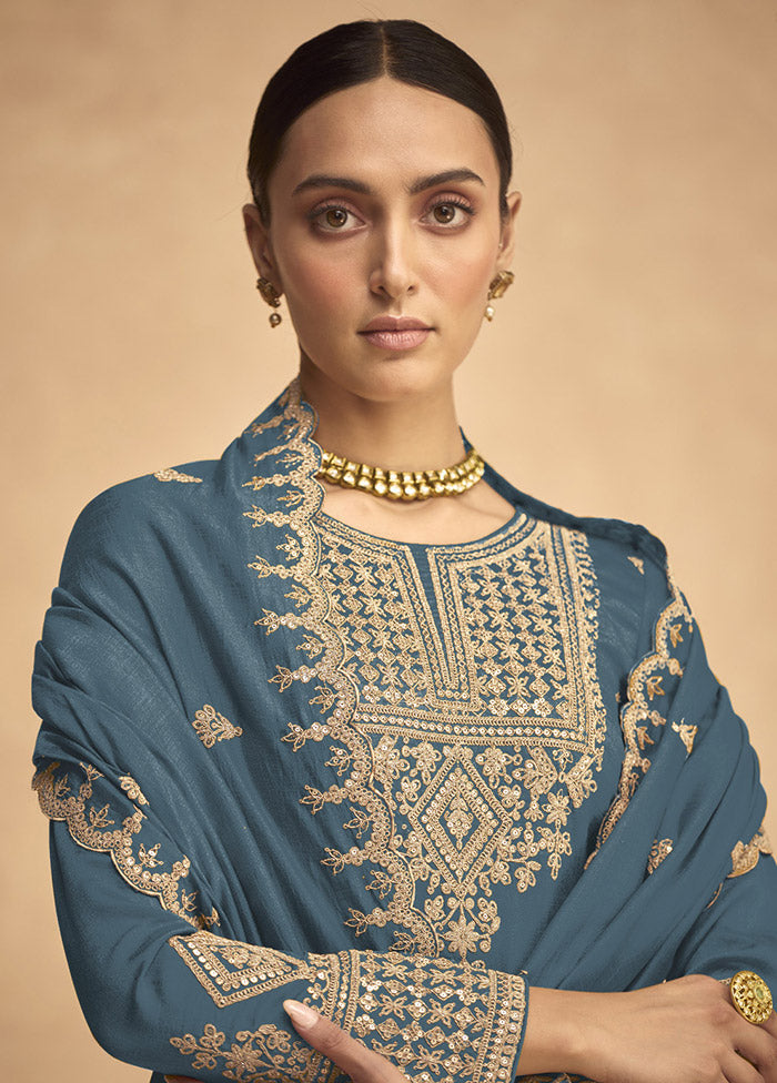 3 Pc Blue Semi Stitched Georgette Suit Set - Indian Silk House Agencies