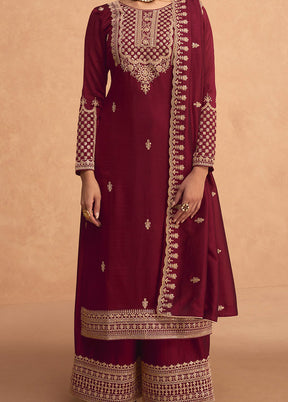 3 Pc Maroon Semi Stitched Georgette Suit Set - Indian Silk House Agencies