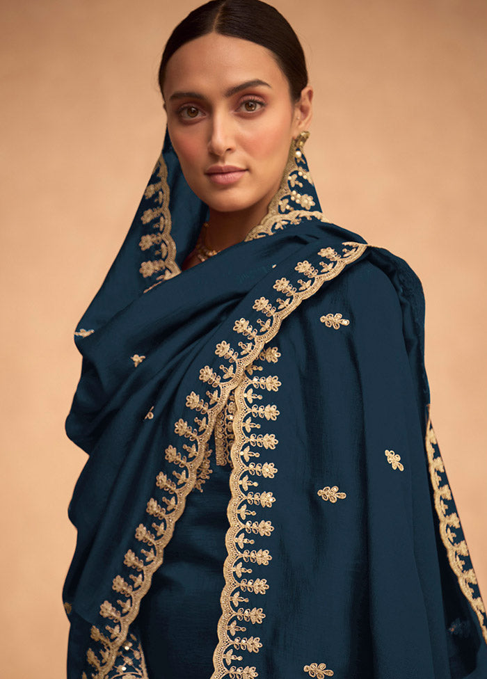 3 Pc Navy Blue Semi Stitched Georgette Suit Set - Indian Silk House Agencies