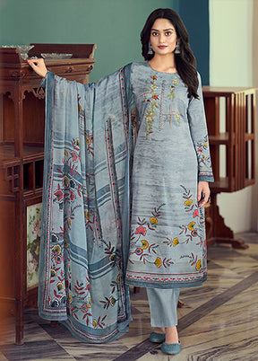 3 Pc Grey Semi Stitched Silk Suit Set - Indian Silk House Agencies