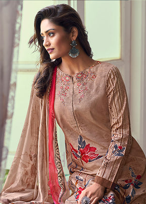 3 Pc Brown Semi Stitched Silk Suit Set - Indian Silk House Agencies
