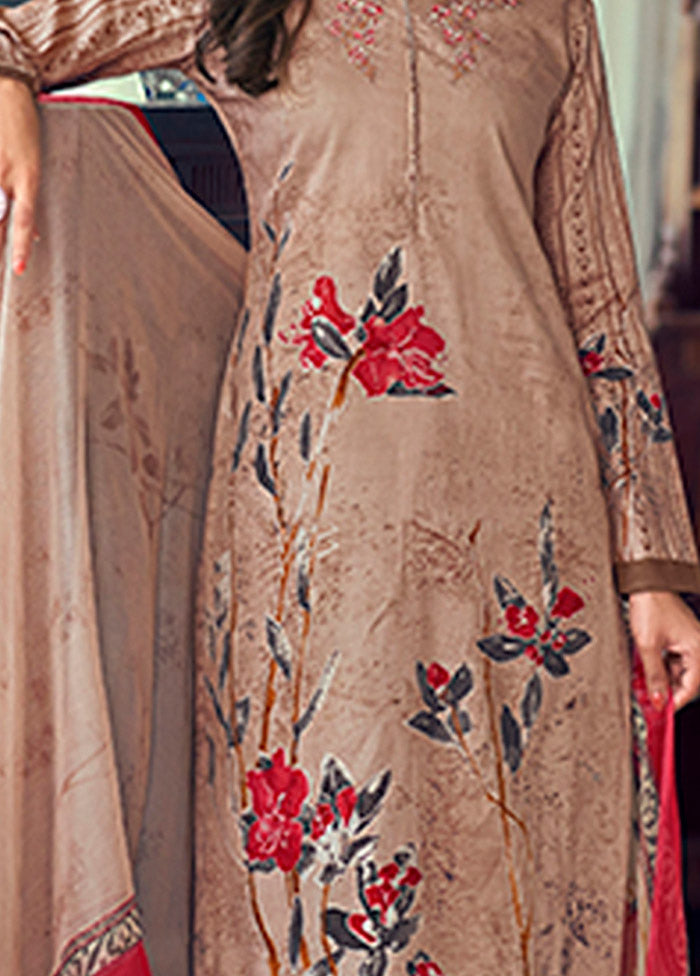 3 Pc Brown Semi Stitched Silk Suit Set - Indian Silk House Agencies