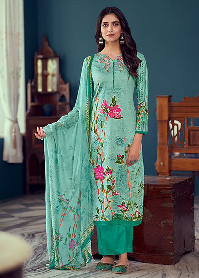 3 Pc Sea Green Semi Stitched Silk Suit Set - Indian Silk House Agencies