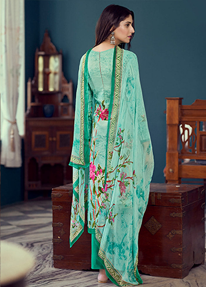 3 Pc Sea Green Semi Stitched Silk Suit Set - Indian Silk House Agencies
