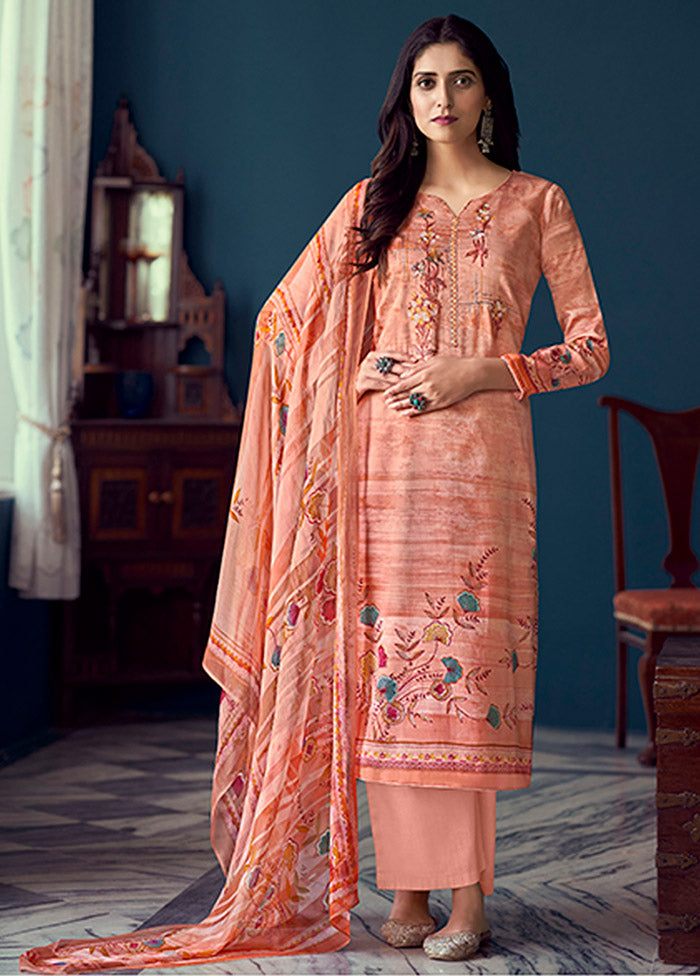 3 Pc Peach Semi Stitched Silk Suit Set - Indian Silk House Agencies