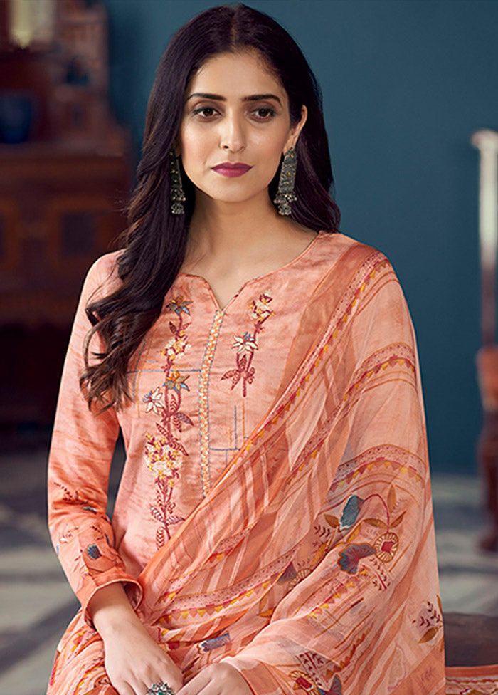 3 Pc Peach Semi Stitched Silk Suit Set - Indian Silk House Agencies