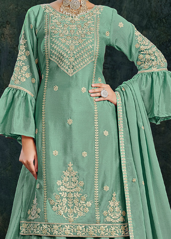 3 Pc Green Cotton Semi Stitched Lehenga Set - Indian Silk House Agencies