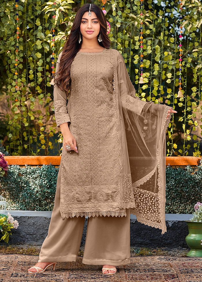 3 Pc Brown Semi Stitched Georgette Suit Set - Indian Silk House Agencies